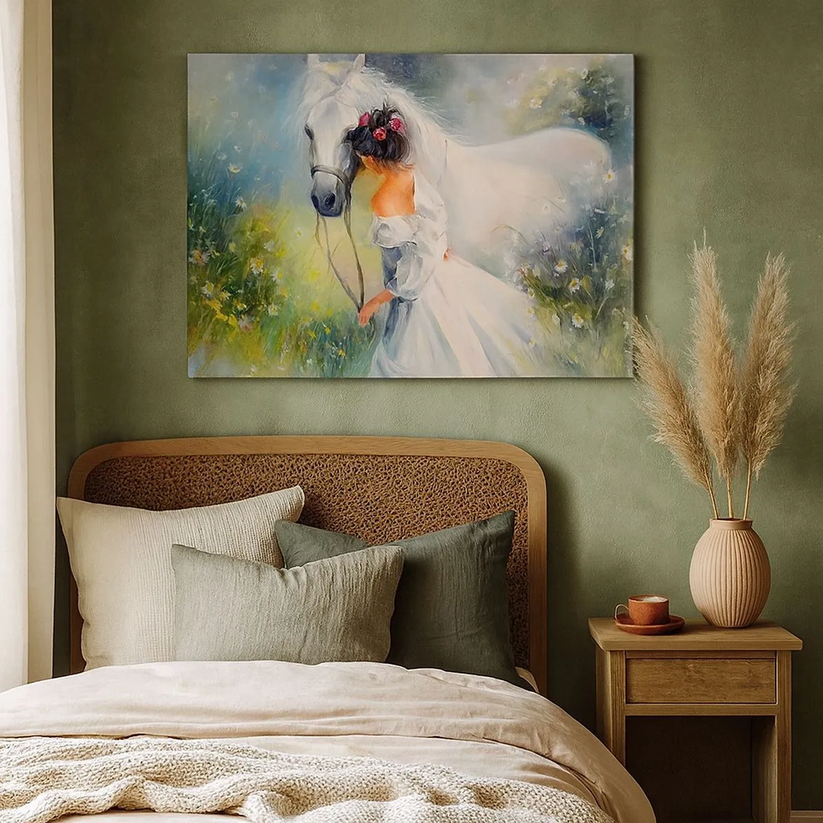 Canvas picture - A woman with a white horse in a picturesque setting - 70x50cm - Like from a Beautiful Dream - Modern wall decoration for the living room and bedroom ARTTOR