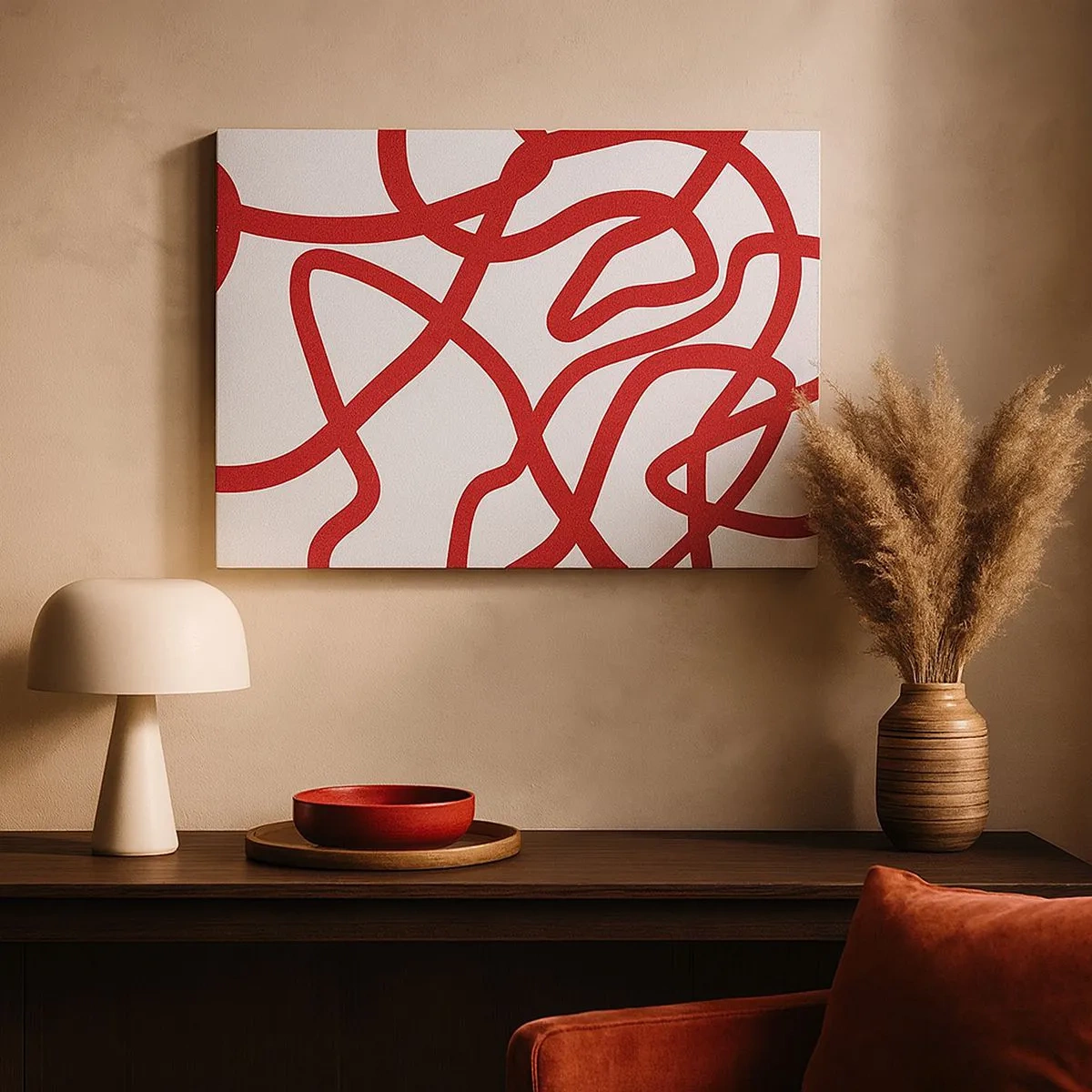 Canvas picture - Red abstract lines on a white background - 70x50cm - Red on White - Modern wall decoration for the living room and bedroom ARTTOR