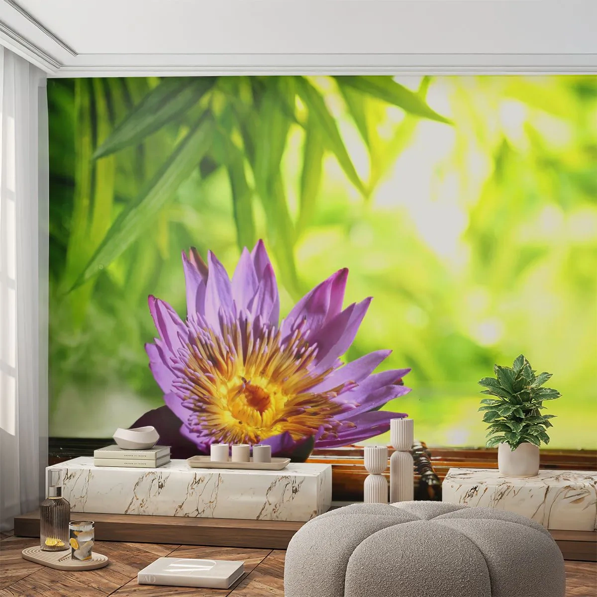Self-Adhesive Photo Wallpaper Deluxe Sticker - In the Asian Sun - Flower, Lotus flower, Bamboo - 250x175 cm
