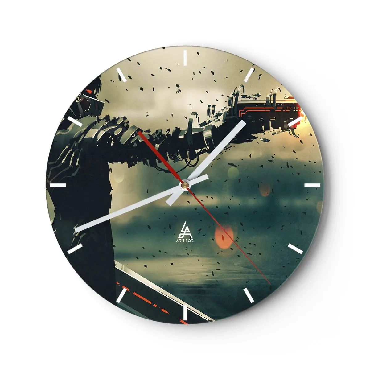 Wall clock - Clock on glass - A futuristic character with a cybernetic weapon in a dynamic setting. - 30x30cm - Lethal Weapon- Your Own Terminator - Modern wall decoration for the living room, kitchen, and bedroom ARTTOR