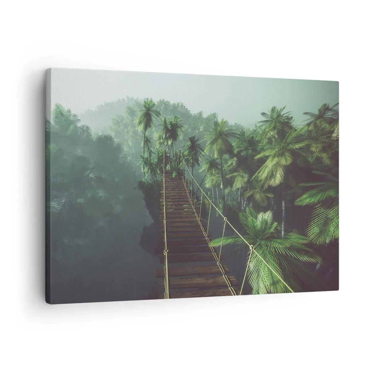 Canvas picture - A hanging bridge in a tropical forest surrounded by fog. - 70x50cm - Hanging Bridge in the Green - Modern wall decoration for the living room and bedroom ARTTOR