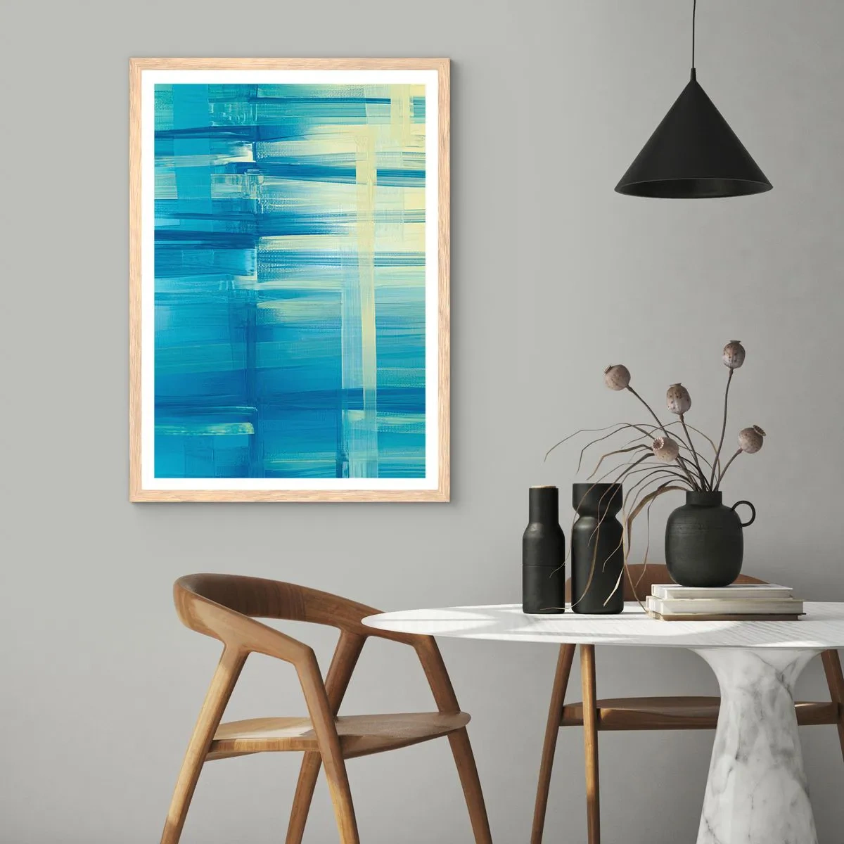 Poster in light oak frame - Composition In Turquoise - 50x70 cm
