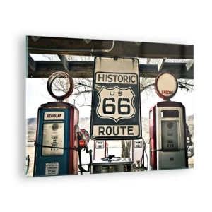 Glass picture - Vintage gas pumps and Route 66 sign - 70x50cm - American Retro Trip - Modern wall decoration for the living room and bedroom ARTTOR