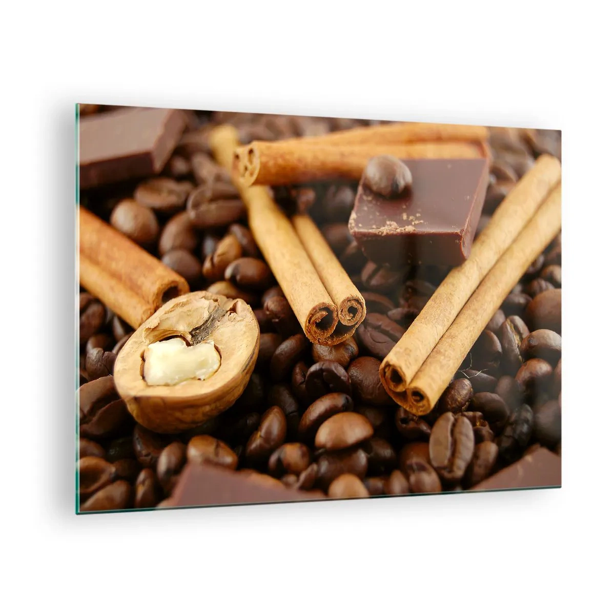 Glass picture - Coffee, cinnamon, chocolate and walnut close-up - 70x50cm - Concert of Aromas - Modern wall decoration for the living room and bedroom ARTTOR