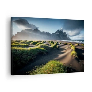 Canvas picture - Green dunes with a mountain backdrop under a blue sky - 70x50cm - Harmony of Elements - Modern wall decoration for the living room and bedroom ARTTOR