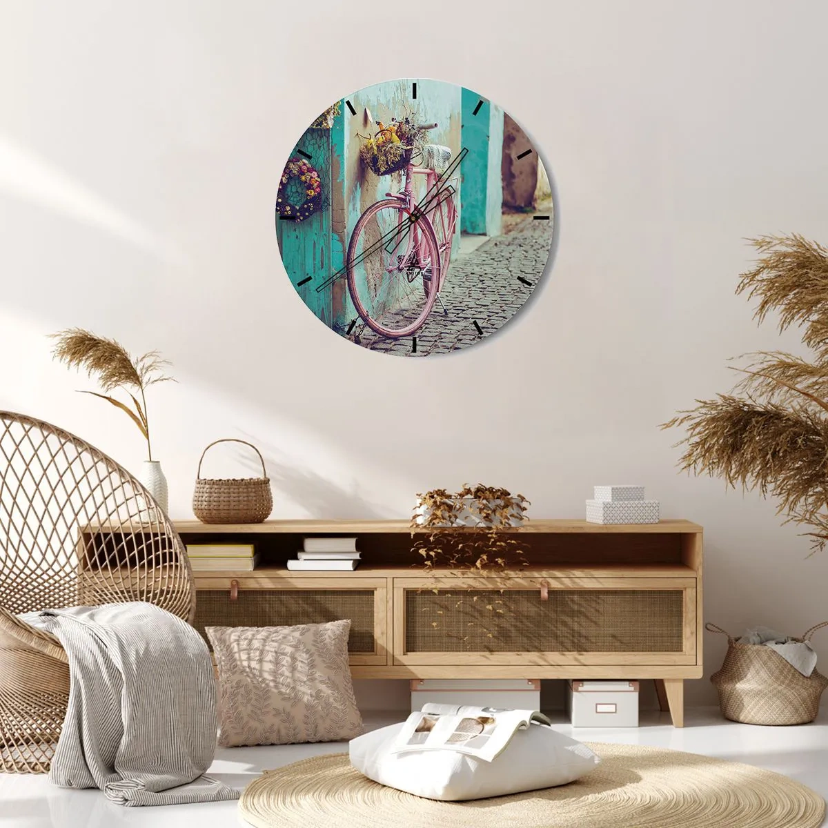 Wall clock - Clock on glass - A pink bike next to a turquoise wall on a cobblestone street - 30x30cm - Be Right Back - Modern wall decoration for the living room, kitchen, and bedroom ARTTOR