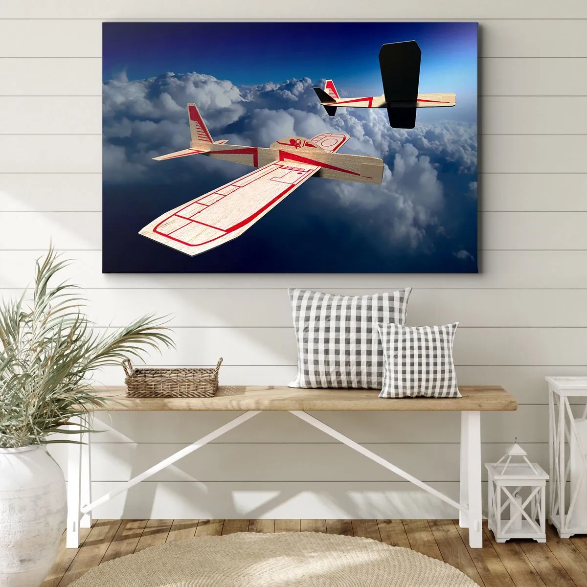 Canvas picture - Two wooden airplanes soaring above the clouds against a blue sky. - 70x50cm - Higher and Further - Modern wall decoration for the living room and bedroom ARTTOR