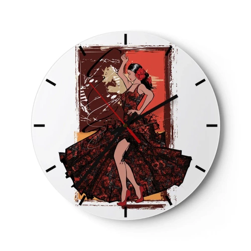 Wall clock - Clock on glass - A dancer in a red dress with an artistic background - 30x30cm - In the Rhythm of the Heart - Modern wall decoration for the living room, kitchen, and bedroom ARTTOR