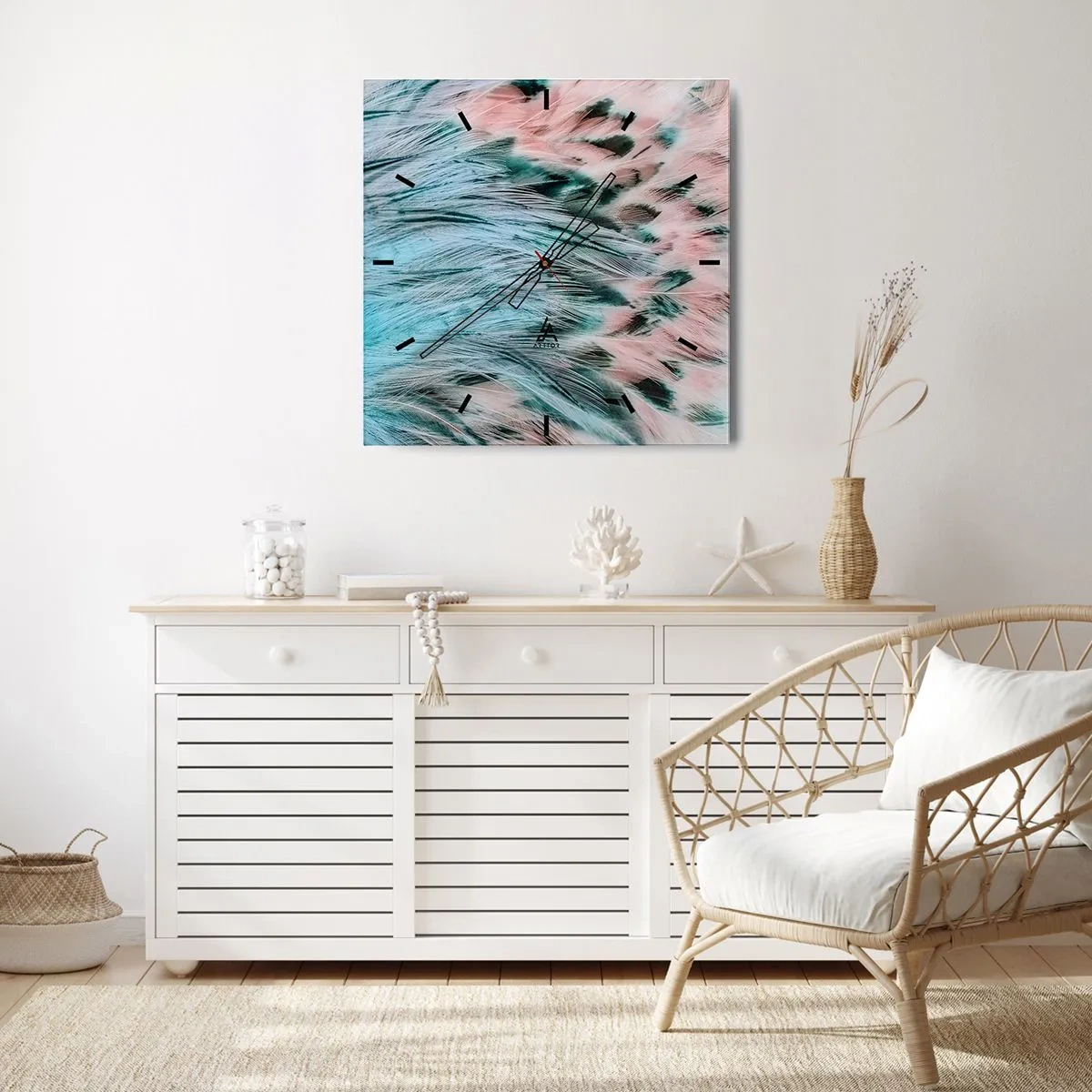 Wall clock - Clock on glass - Sapphire and Pink Feathers - 40x40 cm