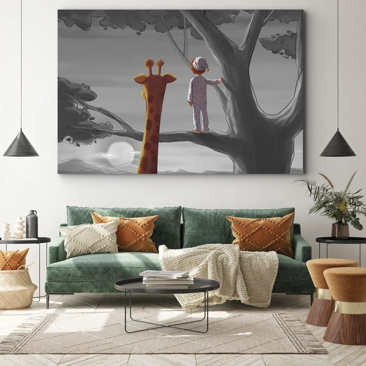 Canvas picture - A child and a giraffe on a tree branch in a fairytale landscape - 70x50cm - This Is Really Happening - Modern wall decoration for the living room and bedroom ARTTOR