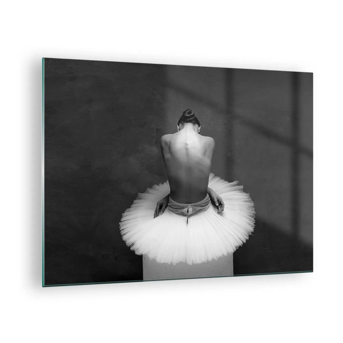 Glass picture - A seated ballerina in a tulle skirt against a shadow - 70x50cm - It Is Blossoming - Modern wall decoration for the living room and bedroom ARTTOR