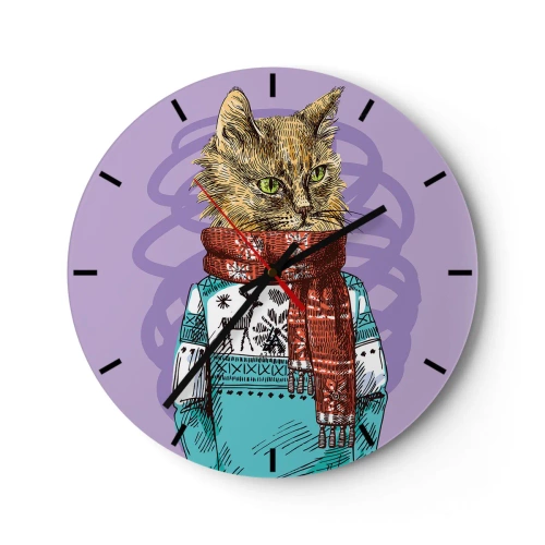 Wall clock - Clock on glass - A cat in a winter outfit with a scarf on a purple background - 30x30cm - Cat Not Only in Boots - Modern wall decoration for the living room, kitchen, and bedroom ARTTOR