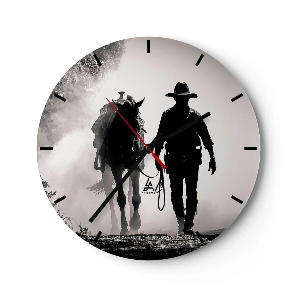 Wall clock - Clock on glass - A cowboy leading his horse in the morning fog - 30x30cm - Texan Morning - Modern wall decoration for the living room, kitchen, and bedroom ARTTOR