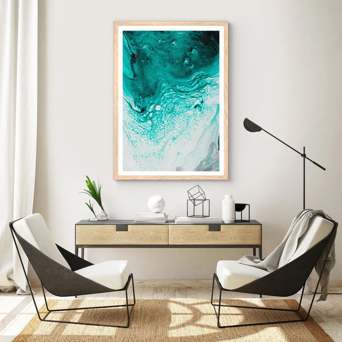 Poster in light oak frame - Dissolving in White and Turquoise - 40x50 cm