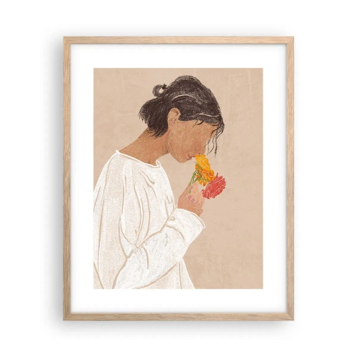 Poster in light oak frame - Girl and Flowers - 40x50 cm