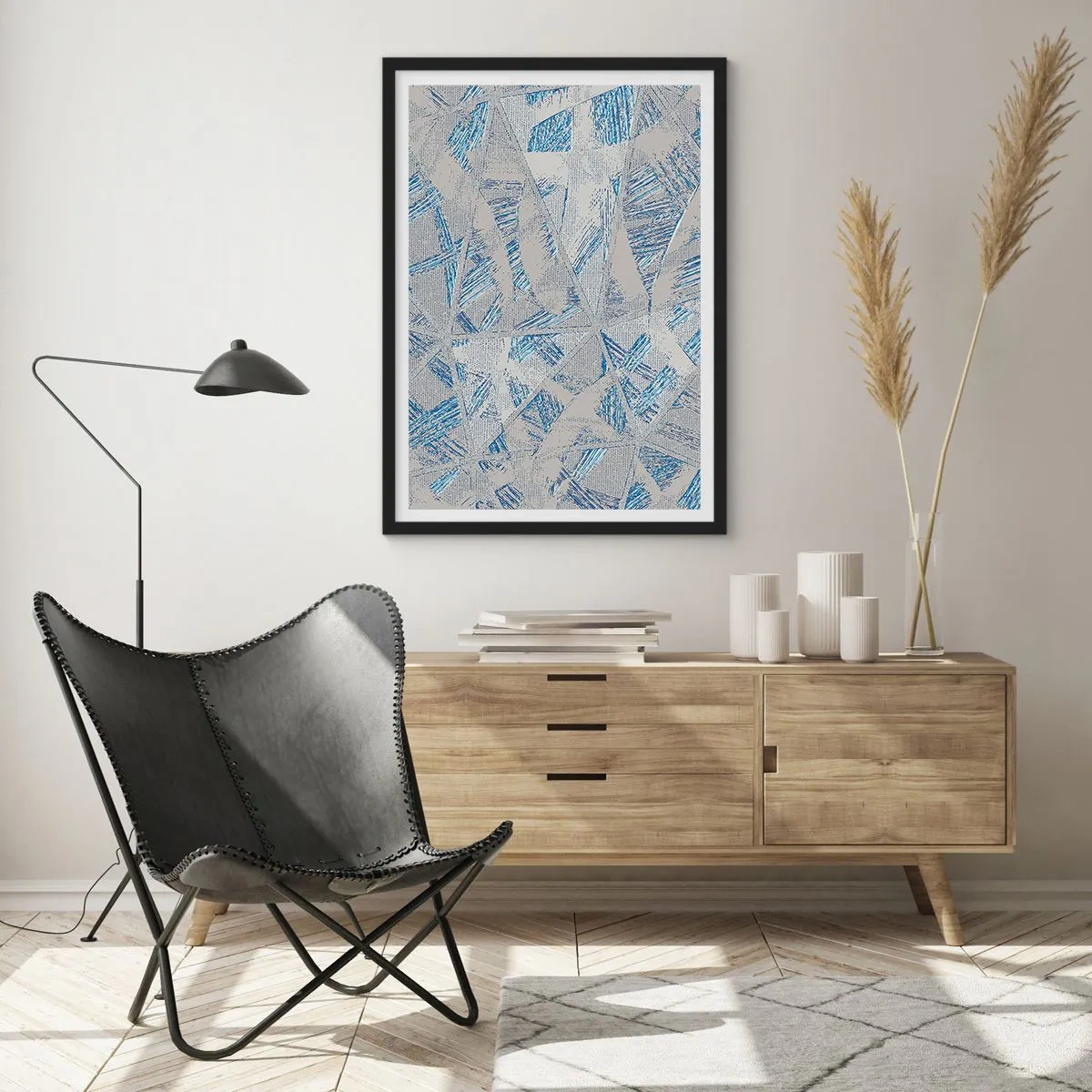 Poster in black frame - Geometric abstraction in shades of blue and gray - 50x70cm - In Blue and Grey Maze - Modern wall decoration for the living room and bedroom ARTTOR