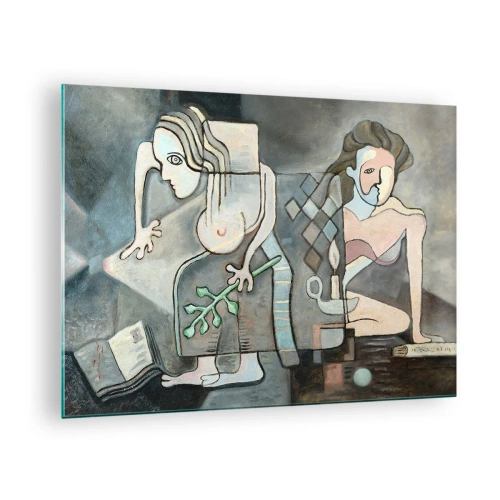 Glass picture - An abstract scene with two figures in a cubist style. - 70x50cm - Mosaic of Spirit and Substance - Modern wall decoration for the living room and bedroom ARTTOR