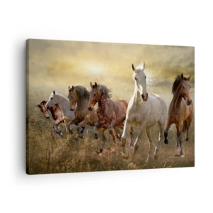 Canvas picture - A group of galloping horses against the backdrop of the setting sun - 70x50cm - Long Live Freedom! - Modern wall decoration for the living room and bedroom ARTTOR