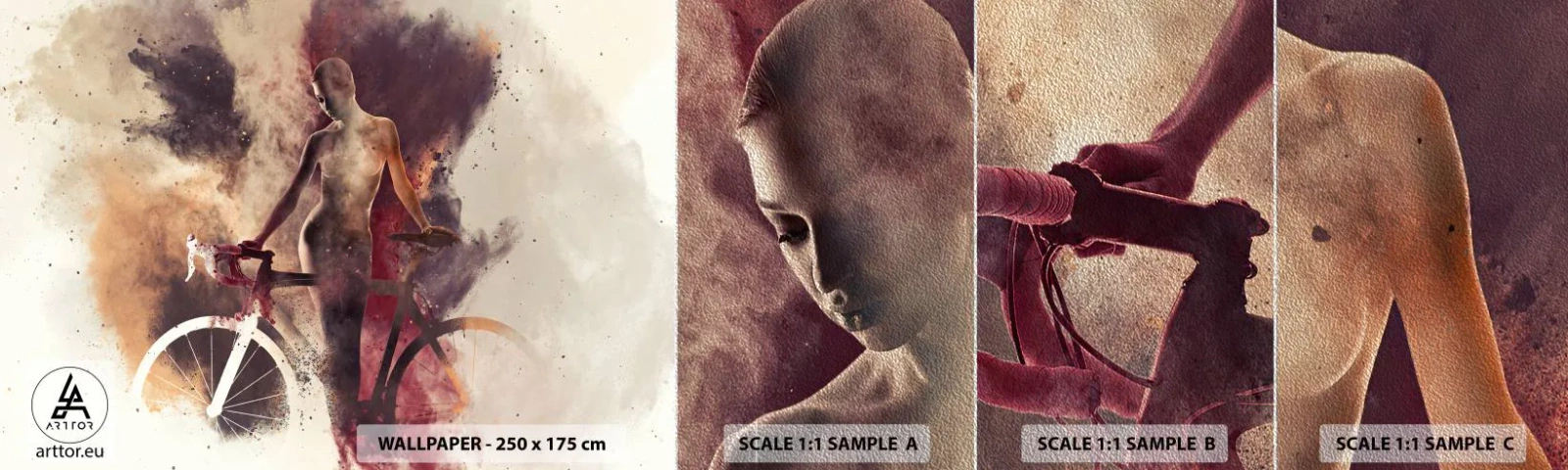 Photo Wallpaper Sample Premium Sand - Marble Sculpted Biker's Soul - Abstraction, Woman, Bicycle - 100x30 cm