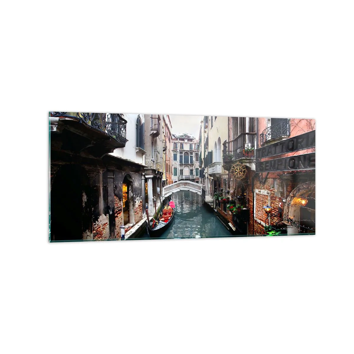 Glass picture - Venetian View with a Gondola and a Bridge - 120x50 cm