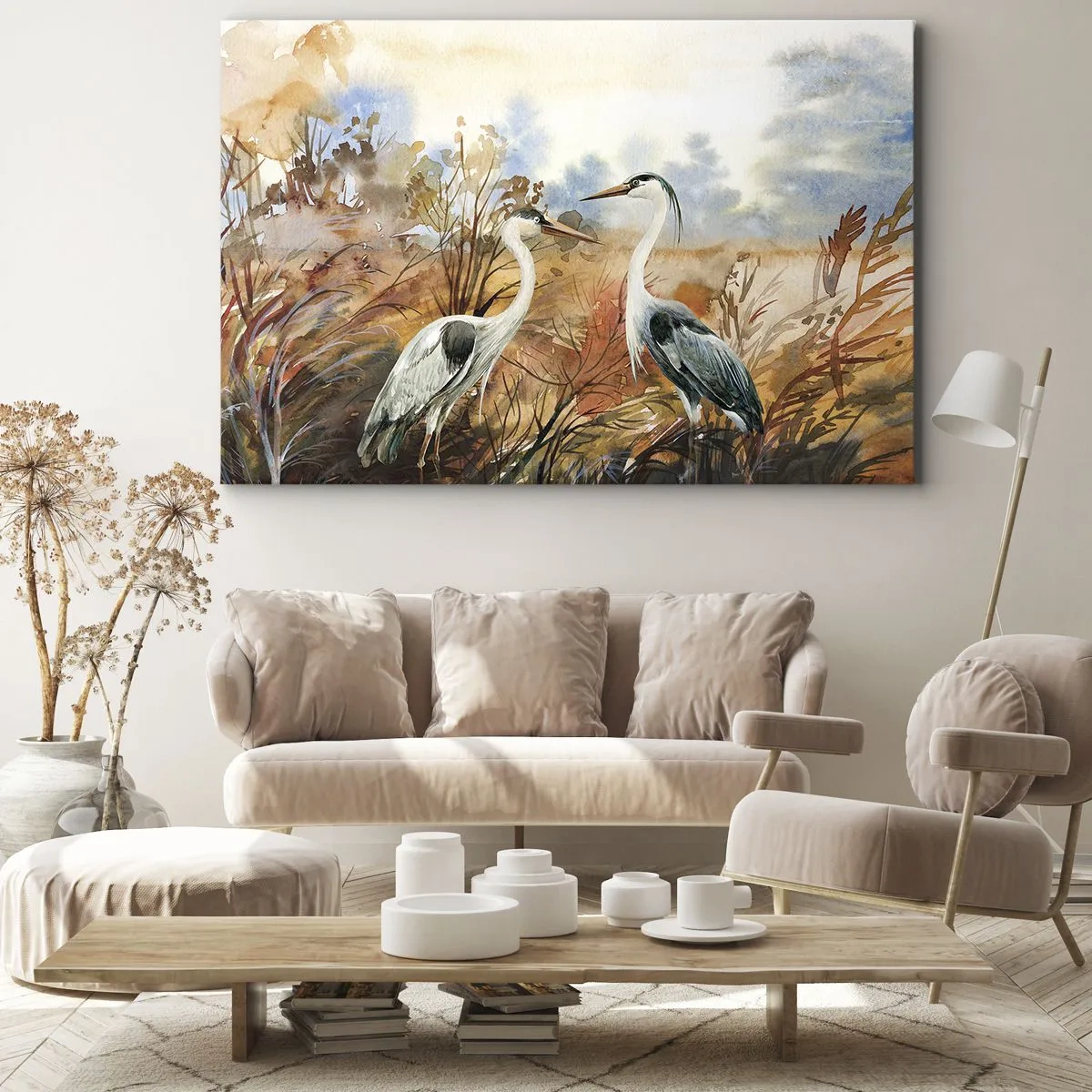 Canvas picture - Two herons against the background of an autumn landscape - 70x50cm - Where to in Autumn? - Modern wall decoration for the living room and bedroom ARTTOR