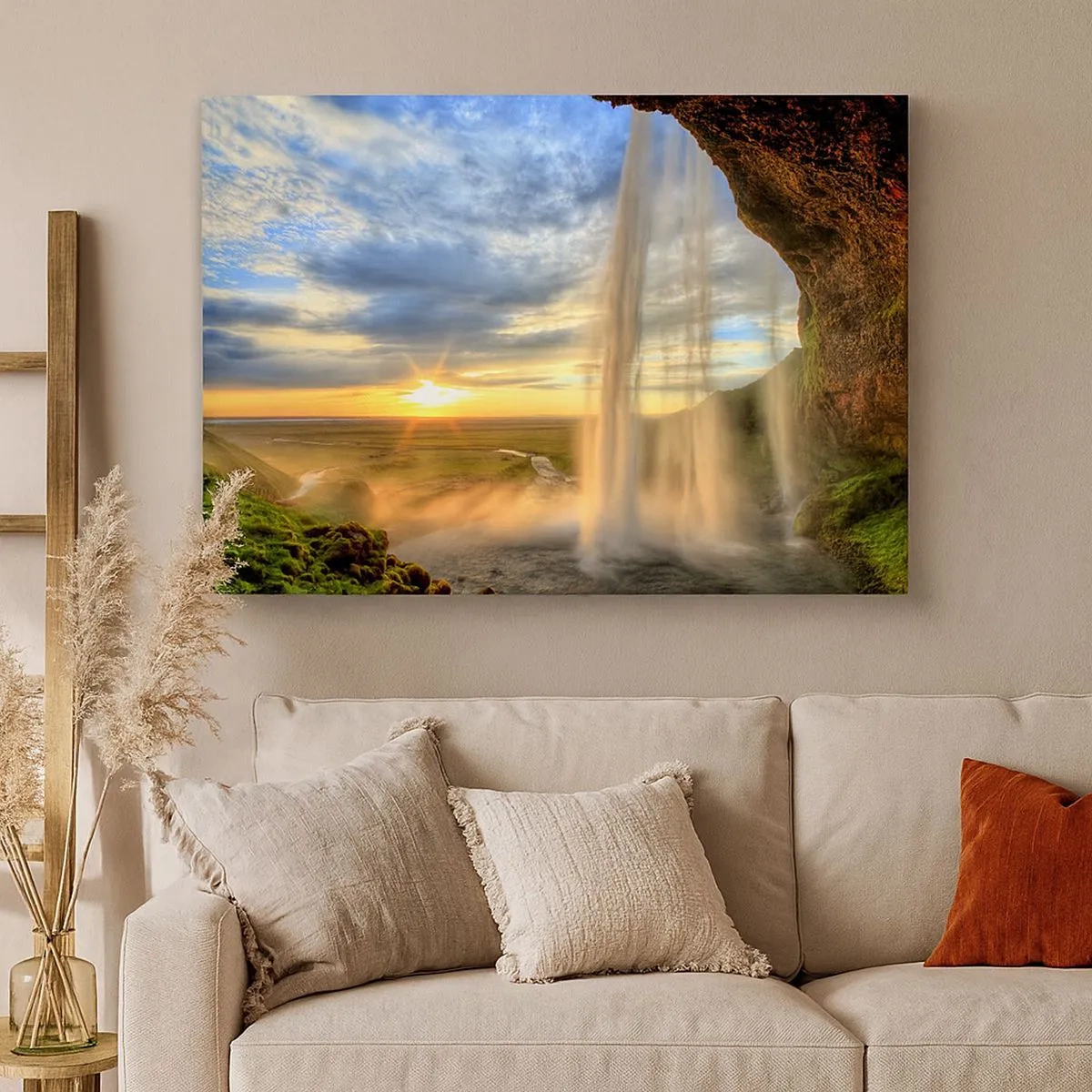 Canvas picture - A waterfall illuminated by sunlight against a landscape backdrop - 70x50cm - World behind Raindrops - Modern wall decoration for the living room and bedroom ARTTOR
