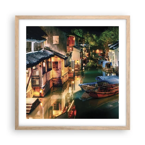 Poster in light oak frame - Evening on a Chinese Street - 50x50 cm