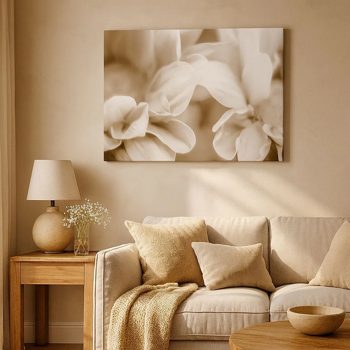 Canvas picture - Close-up of flowers in a delicate sepia tone with soft contours - 70x50cm - Soft as a Smile - Modern wall decoration for the living room and bedroom ARTTOR