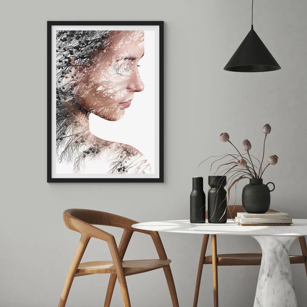 Poster in black frame - Double exposure portrait of a woman with a nature motif - 50x70cm - Spirit of a Forest - Modern wall decoration for the living room and bedroom ARTTOR