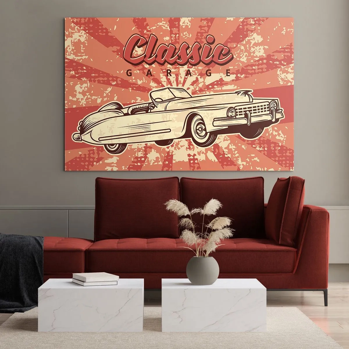 Glass picture - Retro graphic of a classic car against a background of rays - 70x50cm - Elvis on the Radio - Modern wall decoration for the living room and bedroom ARTTOR