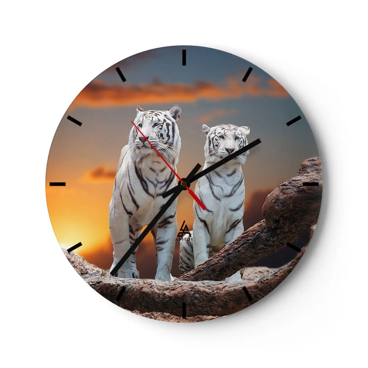 Wall clock - Clock on glass - White tigers against the sunset background - 30x30cm - Just Like in Narnia - Modern wall decoration for the living room, kitchen, and bedroom ARTTOR