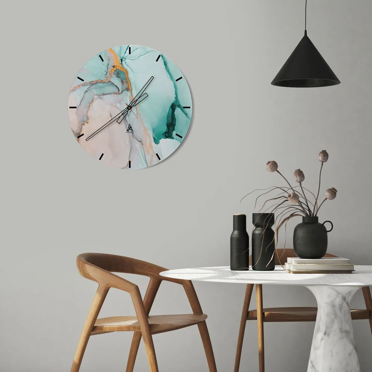 Wall clock - Clock on glass - Dance of Shapes and Colours - 40x40 cm