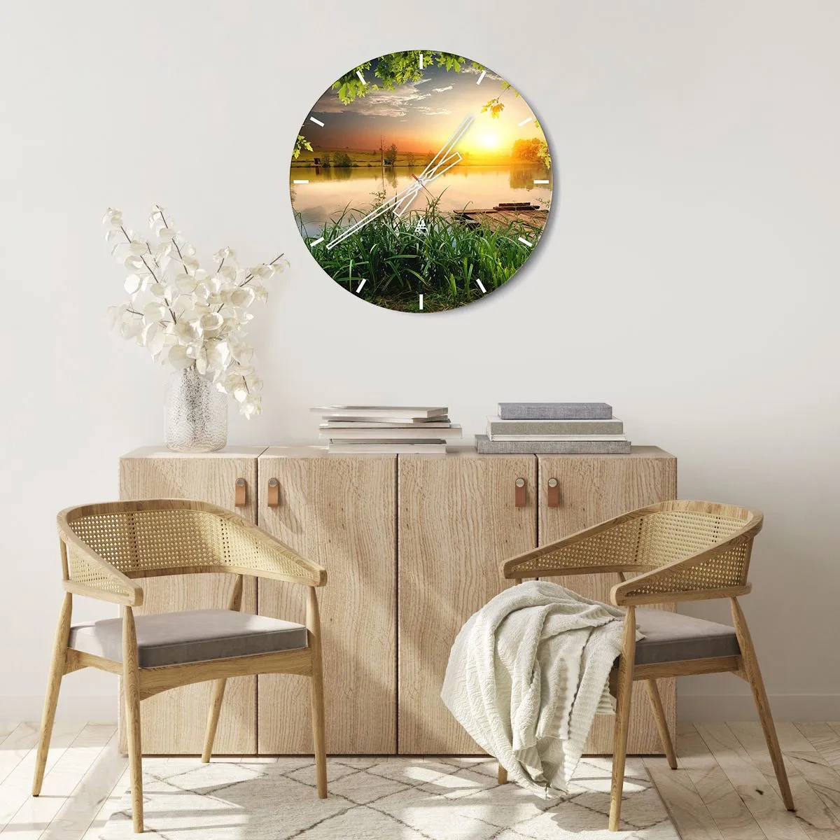 Wall clock - Clock on glass - Landscape in a Green Frame - 40x40 cm