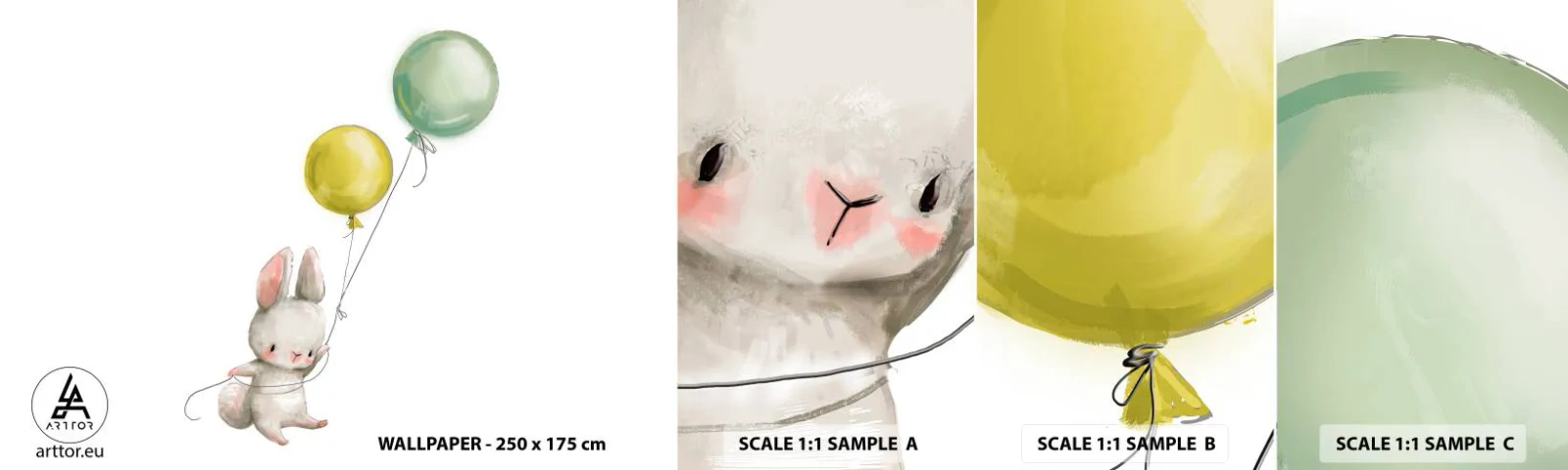 Photo Wallpaper Sample Self-Adhesive Deluxe Sticker - I Will Fly Too! - For children, Rabbit, Colorful Balloons - 100x30 cm