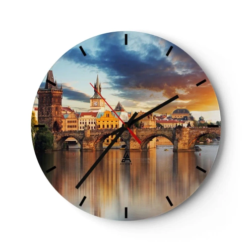 Wall clock - Clock on glass - Charles Bridge at sunset - 30x30cm - Beautiful Prague - Modern wall decoration for the living room, kitchen, and bedroom ARTTOR