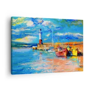 Canvas picture - Fishing port with boats and a lighthouse in bright colors - 70x50cm - Afternoon in a Rainbow Bay - Modern wall decoration for the living room and bedroom ARTTOR