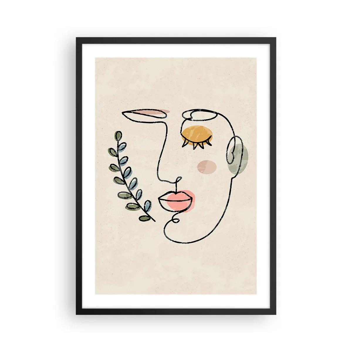 Poster in black frame - Minimalist line portrait of a woman on a beige background - 50x70cm - Discovered Peace - Modern wall decoration for the living room and bedroom ARTTOR