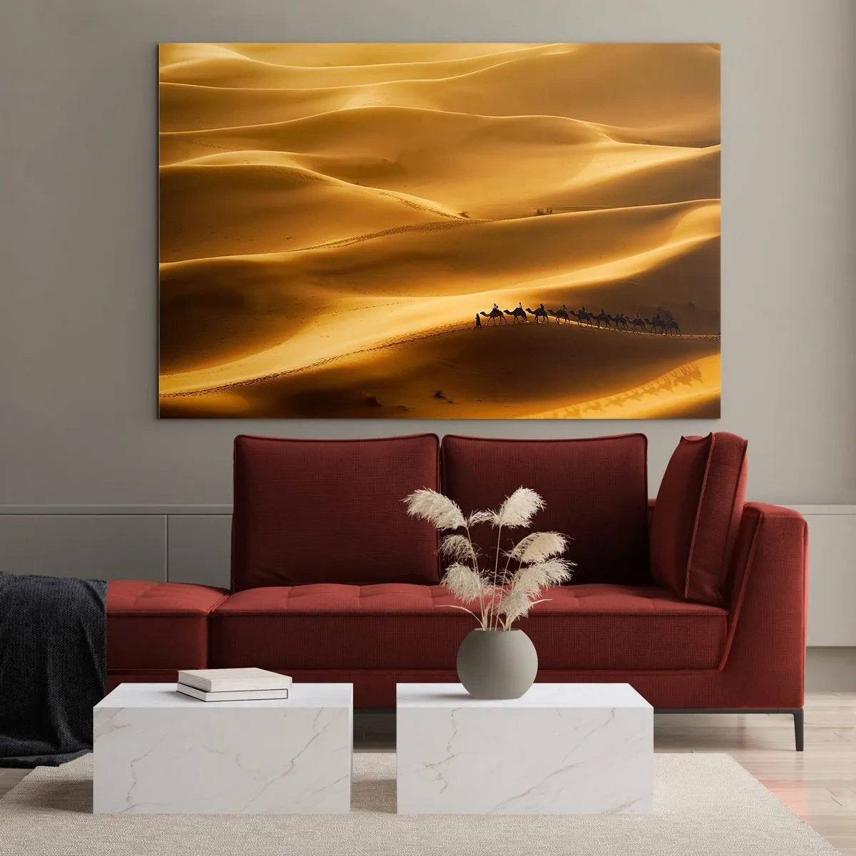 Glass picture - A caravan in the desert in the sunshine - 70x50cm - Caravan on the Waves of a Desert - Modern wall decoration for the living room and bedroom ARTTOR