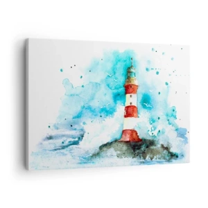 Canvas picture - A lighthouse in a watercolor setting with a blue background - 70x50cm - Unity of Elements - Modern wall decoration for the living room and bedroom ARTTOR
