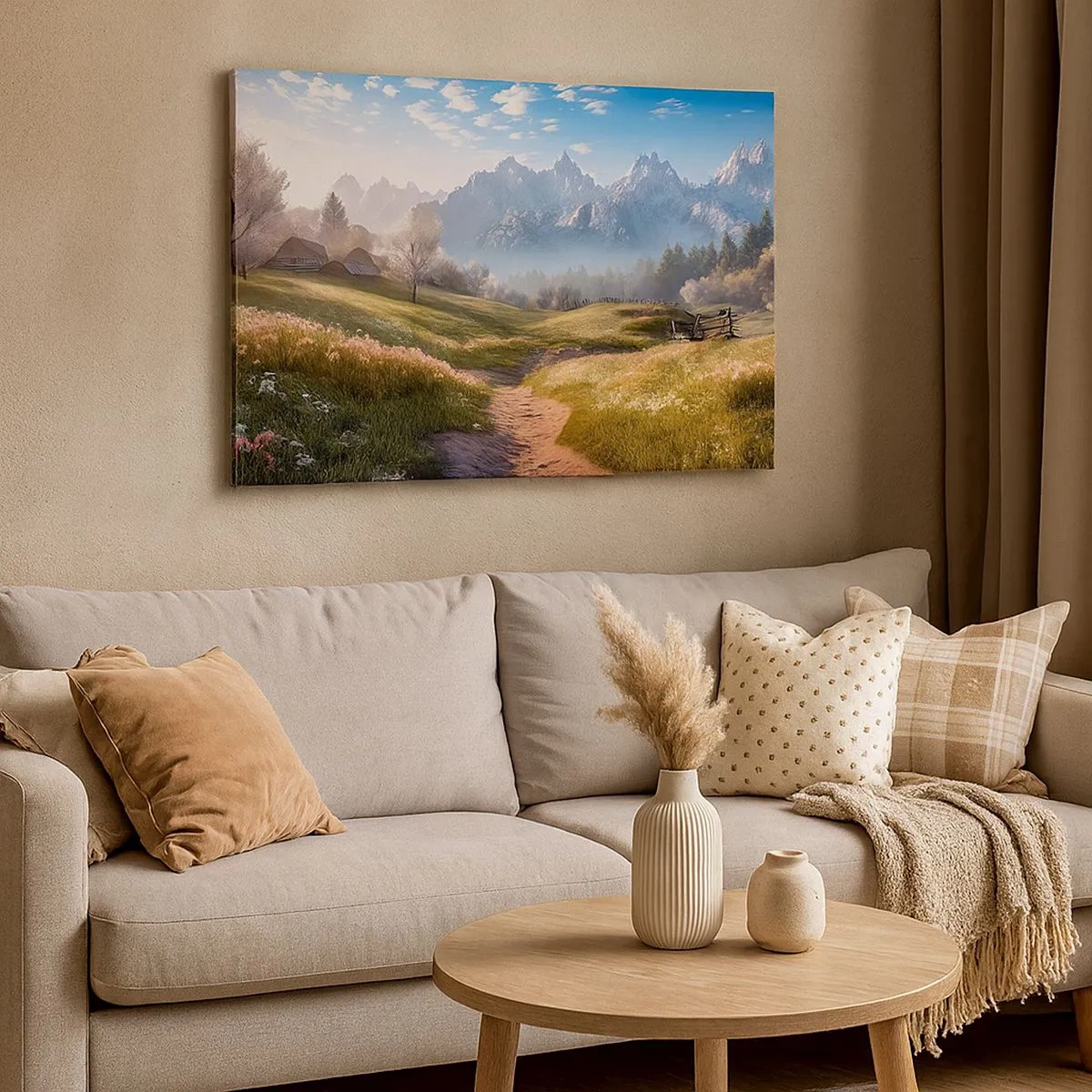 Canvas picture - A mountain valley with meadows, huts and a view of the peaks - 70x50cm - Quiet Valley - Modern wall decoration for the living room and bedroom ARTTOR