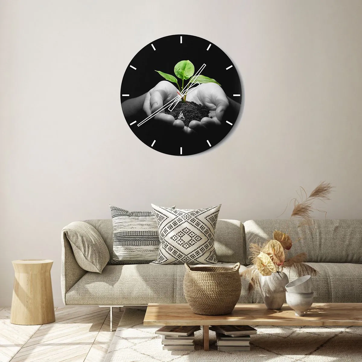 Wall clock - Clock on glass - A green sprout held in the hands on a black background - 30x30cm - I Love Nature, I Protect It - Modern wall decoration for the living room, kitchen, and bedroom ARTTOR
