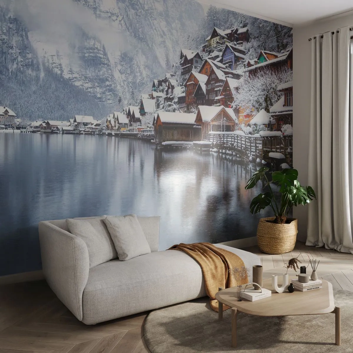 Photo Wallpaper Premium Sand - In Winter Decoration - Landscape, Mountain Settlement, Winter - 300x210 cm
