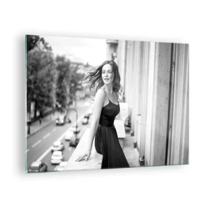 Glass picture - A woman in a black dress on a Parisian-style balcony - 70x50cm - Certainly a Parisian  - Modern wall decoration for the living room and bedroom ARTTOR