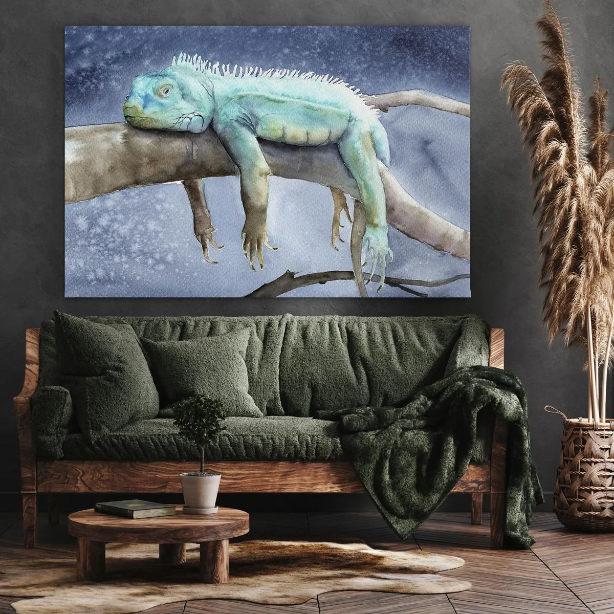 Canvas picture - Blue iguana resting on a branch - 70x50cm - It Feels Good - Modern wall decoration for the living room and bedroom ARTTOR