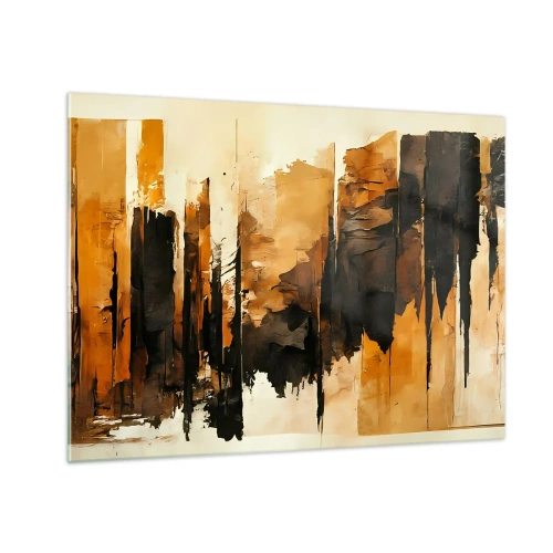 Glass picture - Golden-brown abstraction with vertical structures - 70x50cm - Harmony of Black and Gold - Modern wall decoration for the living room and bedroom ARTTOR