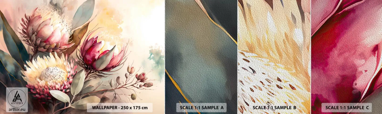 Photo Wallpaper Sample Premium Sand - Profile and En Face - Flowers, Art Deco, Botany - 100x30 cm