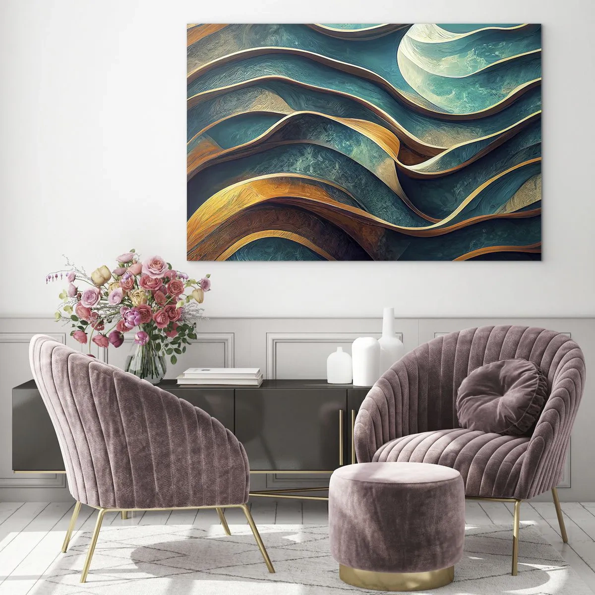 Glass picture - Dynamic lines in blue and copper creating waves - 70x50cm - Meanderings of Blue - Modern wall decoration for the living room and bedroom ARTTOR