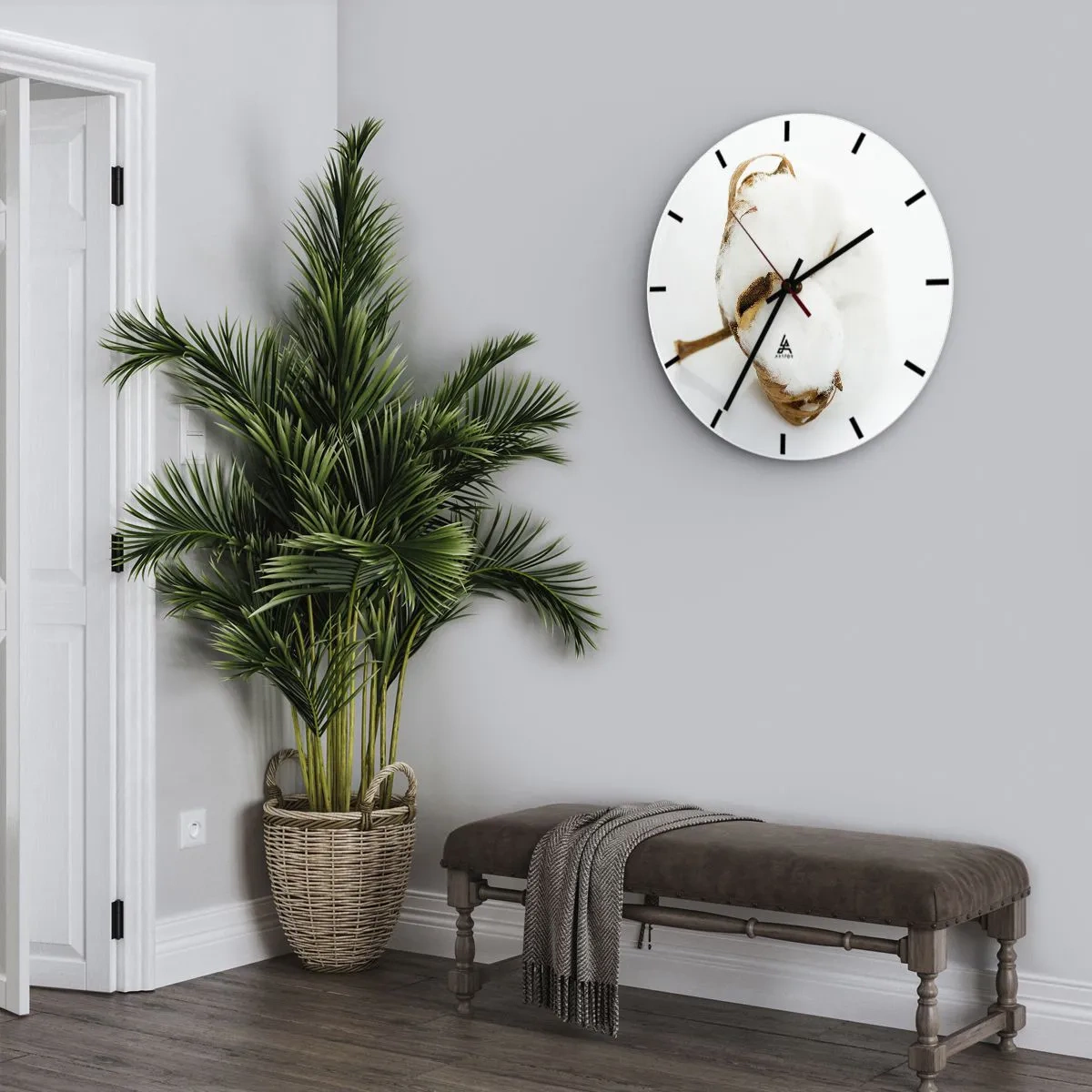 Wall clock - Clock on glass - A natural cotton branch on a white background - 30x30cm - Soft By Nature - Modern wall decoration for the living room, kitchen, and bedroom ARTTOR