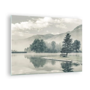 Glass picture - A calm lake in the morning with a bench and fog over the water - 70x50cm - Lake Is Still Asleep - Modern wall decoration for the living room and bedroom ARTTOR