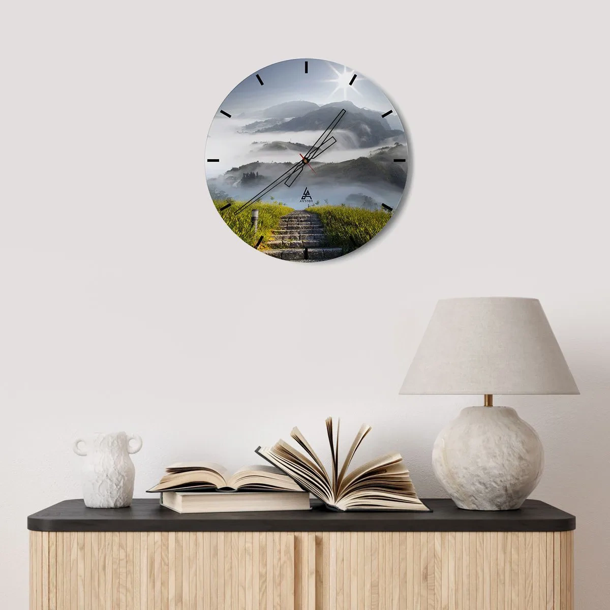 Wall clock - Clock on glass - Upwards towards the Clouds - 30x30 cm